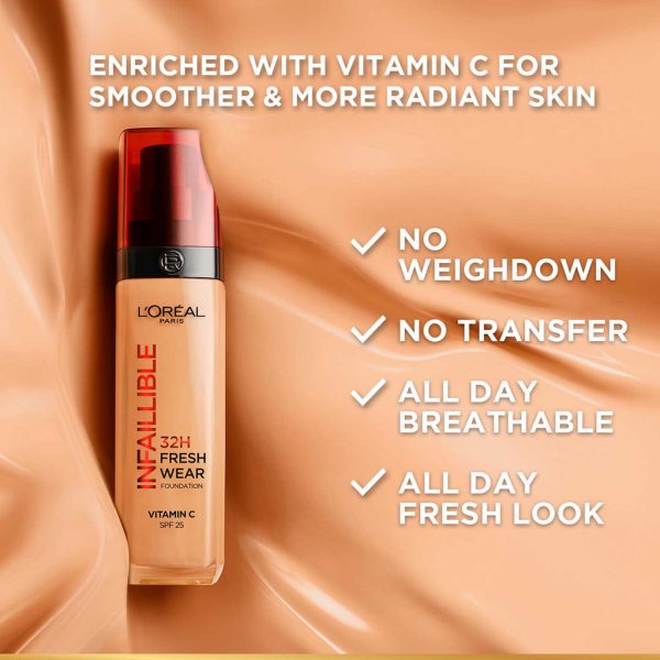 L’oréal Paris Infallible 32h Fresh Wear Foundation, Full-coverage, Longwear, Weightless Smooth Finish, Water-proof And Transfer-proof, With Vitamin C 30ml