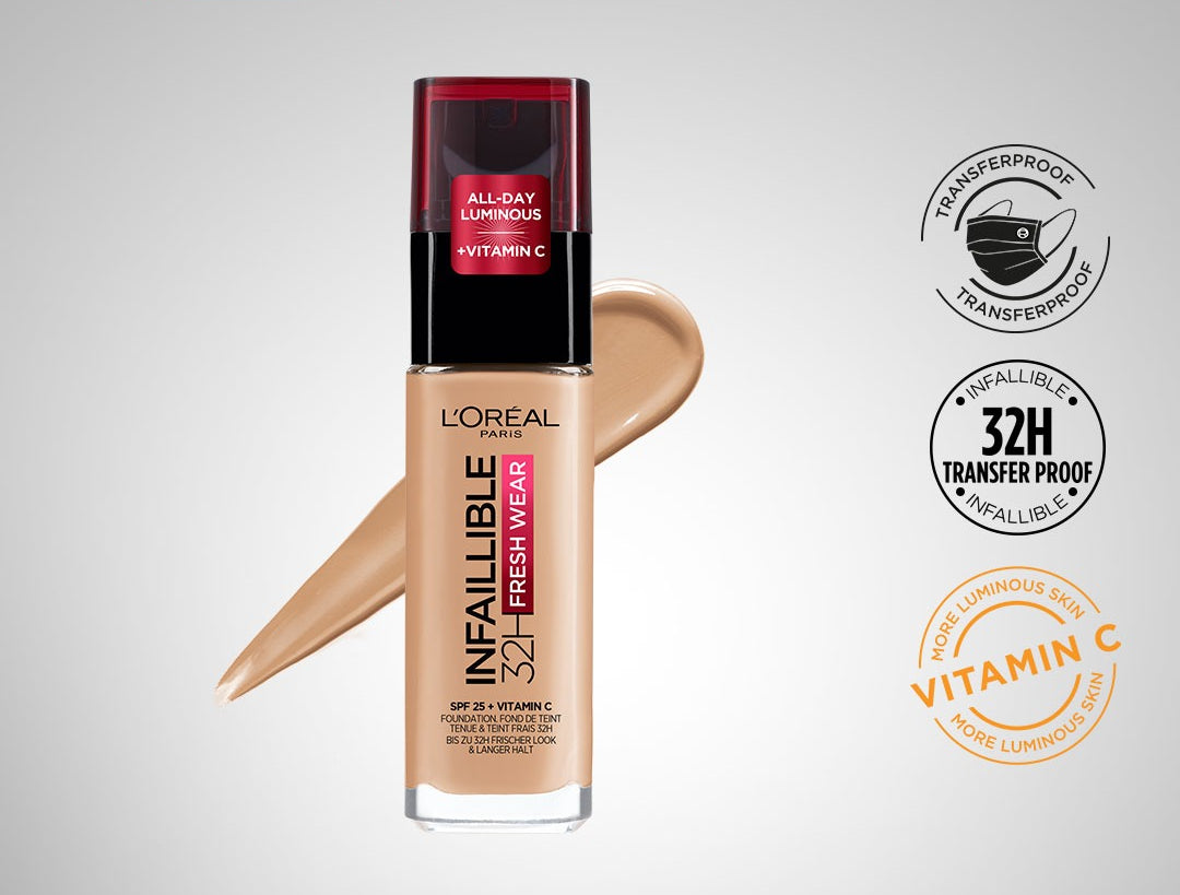 L’oréal Paris Infallible 32h Fresh Wear Foundation, Full-coverage, Longwear, Weightless Smooth Finish, Water-proof And Transfer-proof, With Vitamin C 30ml
