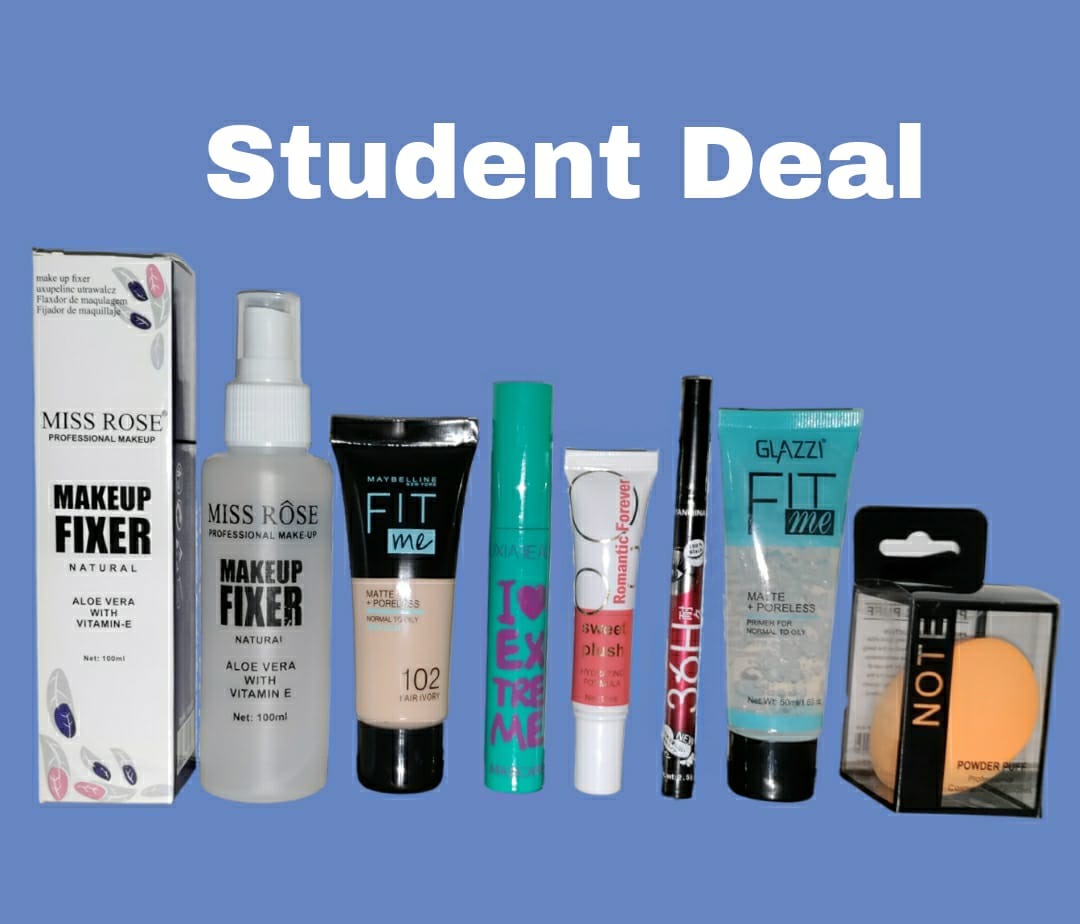 Student Makeup Deal – Makeup Fixer, Foundation (random Shade), Mascar (random Color) Liquid Blush, Eyeliner, Primer, Blender (random Color)