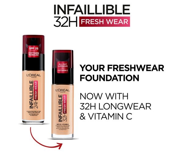 L’oréal Paris Infallible 32h Fresh Wear Foundation, Full-coverage, Longwear, Weightless Smooth Finish, Water-proof And Transfer-proof, With Vitamin C 30ml
